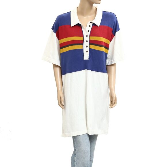 Free People Striped Classic Collared Tunic Mini Dress Oversized Cotton M 282912